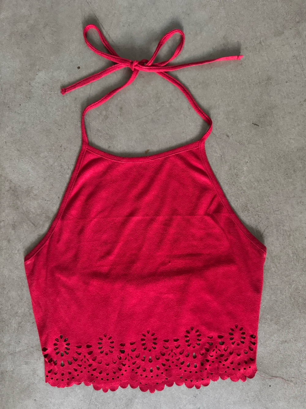 Women’s Red Suede Halter Crop Top with Laser-Cut Hem